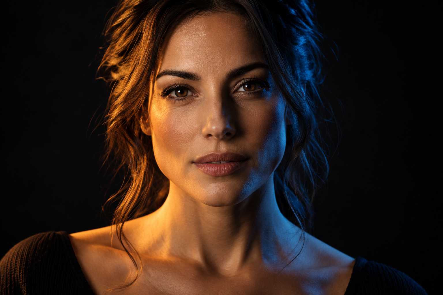 Dramatically lit portrait with warm amber and cool blue light sculpting the face